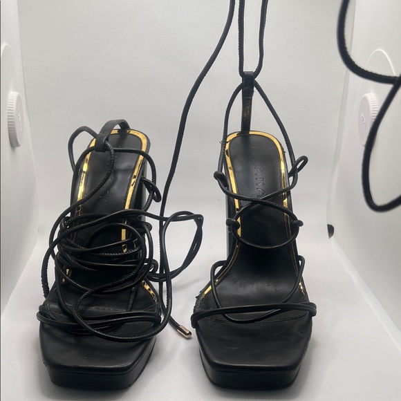 Liliana Black Strappy Heels with Gold Accents - Picture 1 of 5